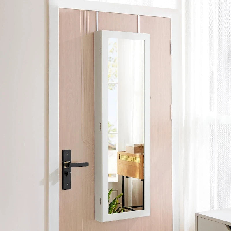 White Wood Wall or Door Mounted 14 in. W Lockable Jewelry Armoire with Full Length Mirror