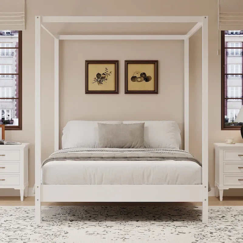 Solid Wood Four Poster Bed Canopy Bed Frame Platform Bed with Wood Slats Support for Bedroom, No Box Spring Needed