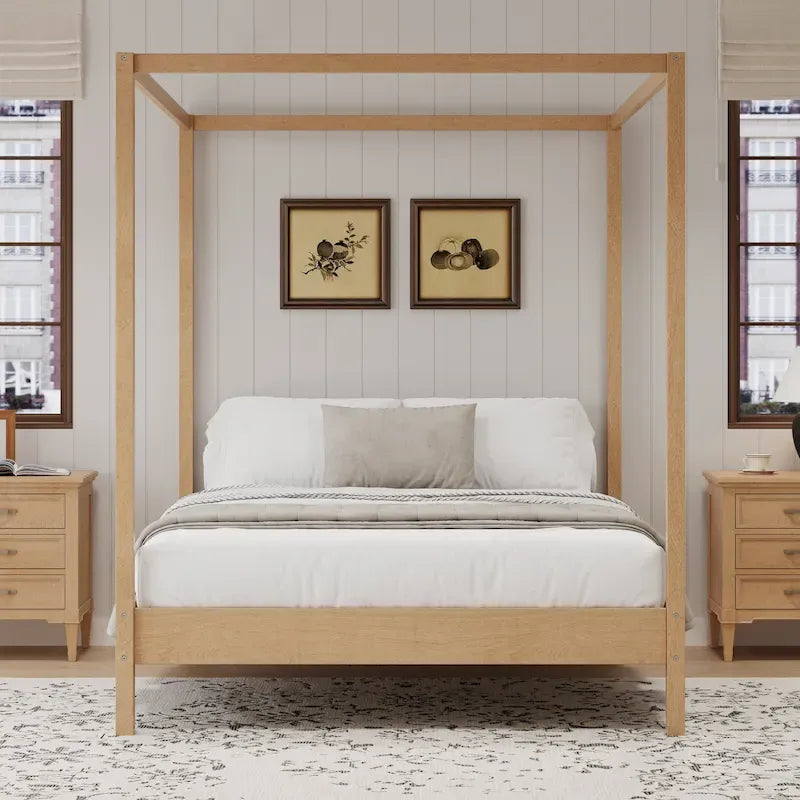 Solid Wood Four Poster Bed Canopy Bed Frame Platform Bed with Wood Slats Support for Bedroom, No Box Spring Needed