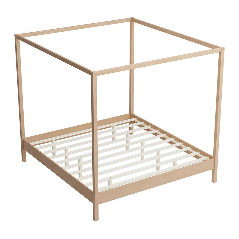 Solid Wood Four Poster Bed Canopy Bed Frame Platform Bed with Wood Slats Support for Bedroom, No Box Spring Needed