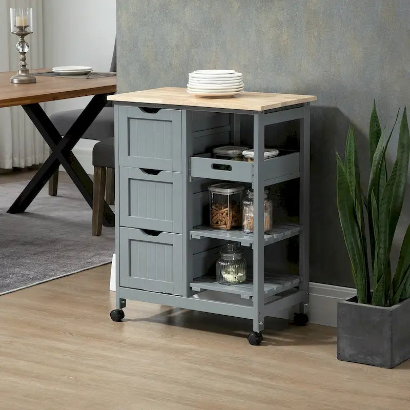 Rolling Kitchen Island Cart with Wood Top, Shelves & Drawers for Home Dining