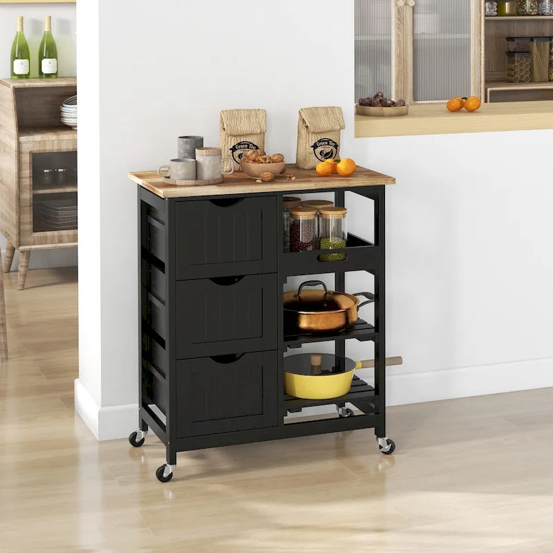 Rolling Kitchen Island Cart with Wood Top, Shelves & Drawers for Home Dining