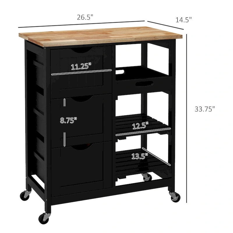 Rolling Kitchen Island Cart with Wood Top, Shelves & Drawers for Home Dining