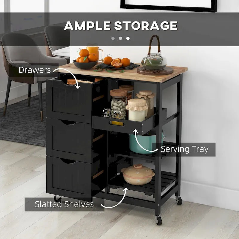 Rolling Kitchen Island Cart with Wood Top, Shelves & Drawers for Home Dining