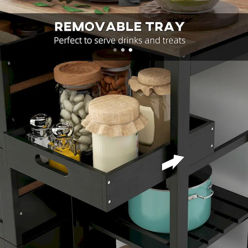 Rolling Kitchen Island Cart with Wood Top, Shelves & Drawers for Home Dining