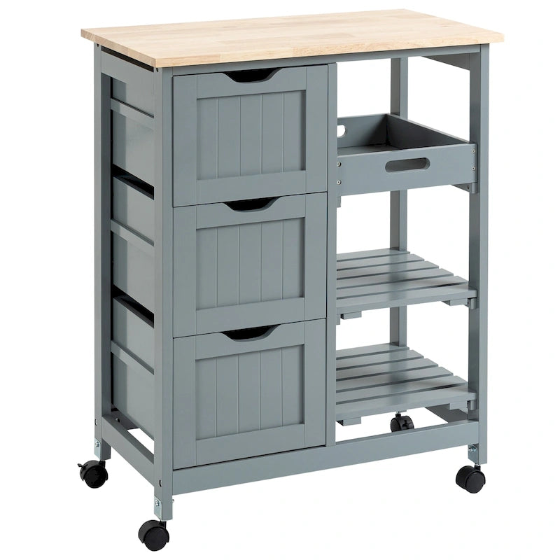 Pojízdný kuchyňský ostrůvek s dřevěnou deskou, policemi a zásuvkami do jídelny