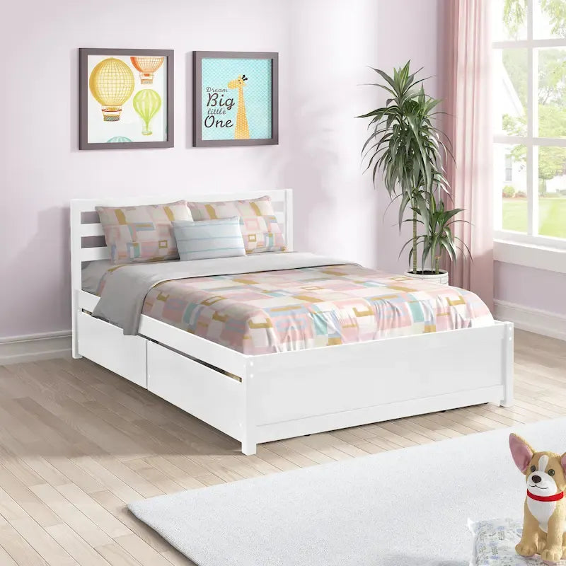 Full Size Wood Platform Bed Frame with 4 Storage Drawers