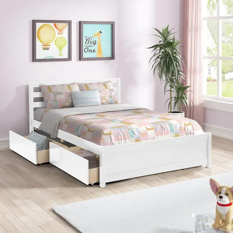 Full Size Wood Platform Bed Frame with 4 Storage Drawers