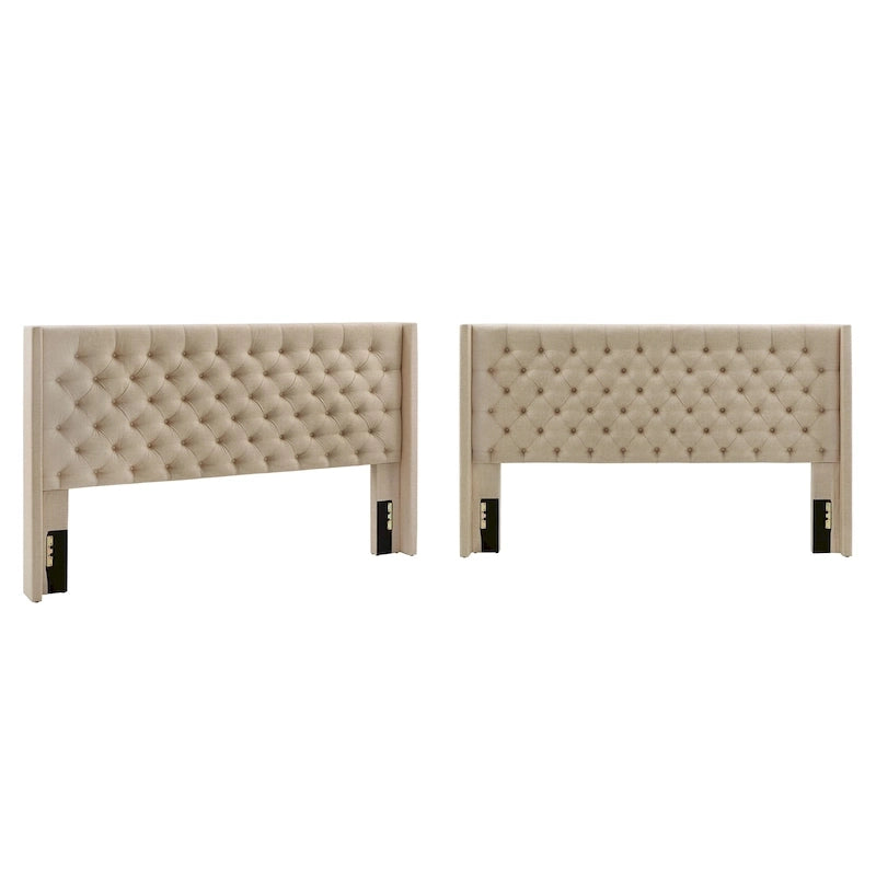 King Wingback Button Tufted Linen Fabric Headboard