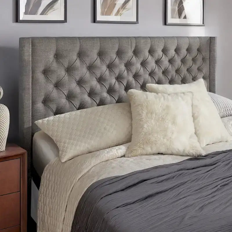 King Wingback Button Tufted Linen Fabric Headboard