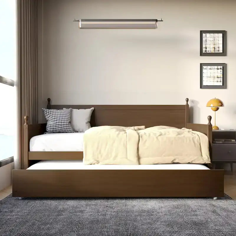 Rozkládací postel dvojlůžko z masivního dřeva ve stylu Mid-Century Modern s přistýlkou