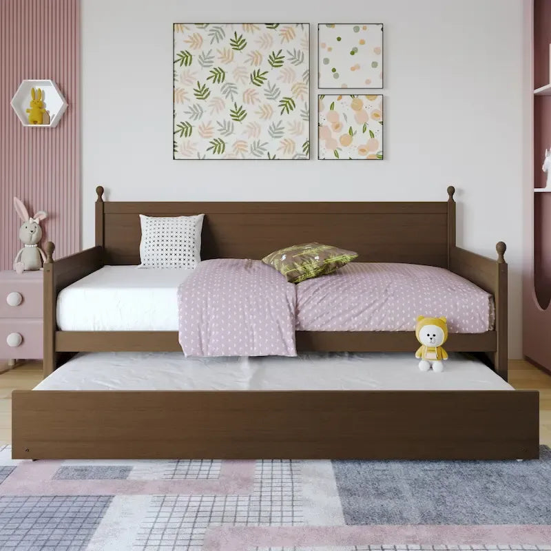 Rozkládací postel dvojlůžko z masivního dřeva ve stylu Mid-Century Modern s přistýlkou