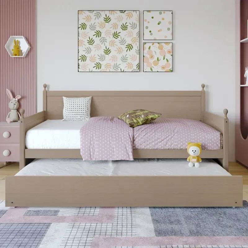 Rozkládací postel dvojlůžko z masivního dřeva ve stylu Mid-Century Modern s přistýlkou