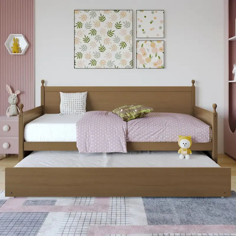 Rozkládací postel dvojlůžko z masivního dřeva ve stylu Mid-Century Modern s přistýlkou