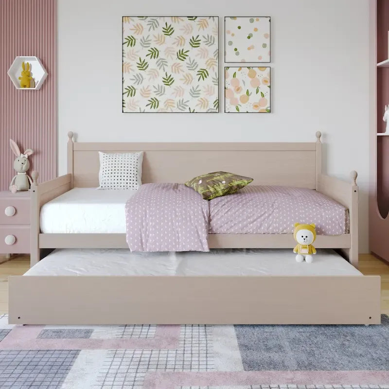 Rozkládací postel dvojlůžko z masivního dřeva ve stylu Mid-Century Modern s přistýlkou