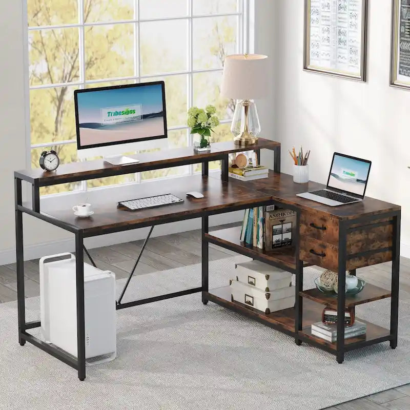 L-Shaped Corner Desk with Drawer, Shelves and Monitor Stand