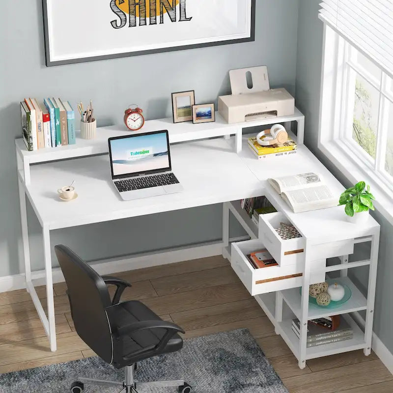 L-Shaped Corner Desk with Drawer, Shelves and Monitor Stand