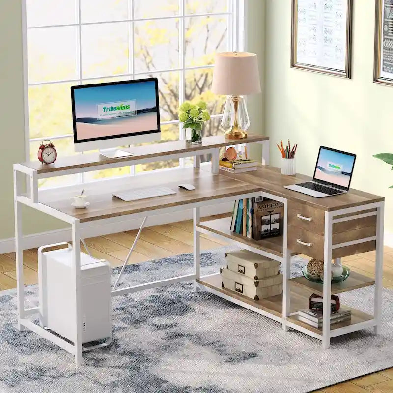 L-Shaped Corner Desk with Drawer, Shelves and Monitor Stand