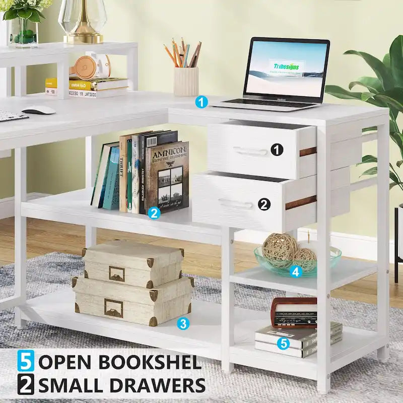 L-Shaped Corner Desk with Drawer, Shelves and Monitor Stand