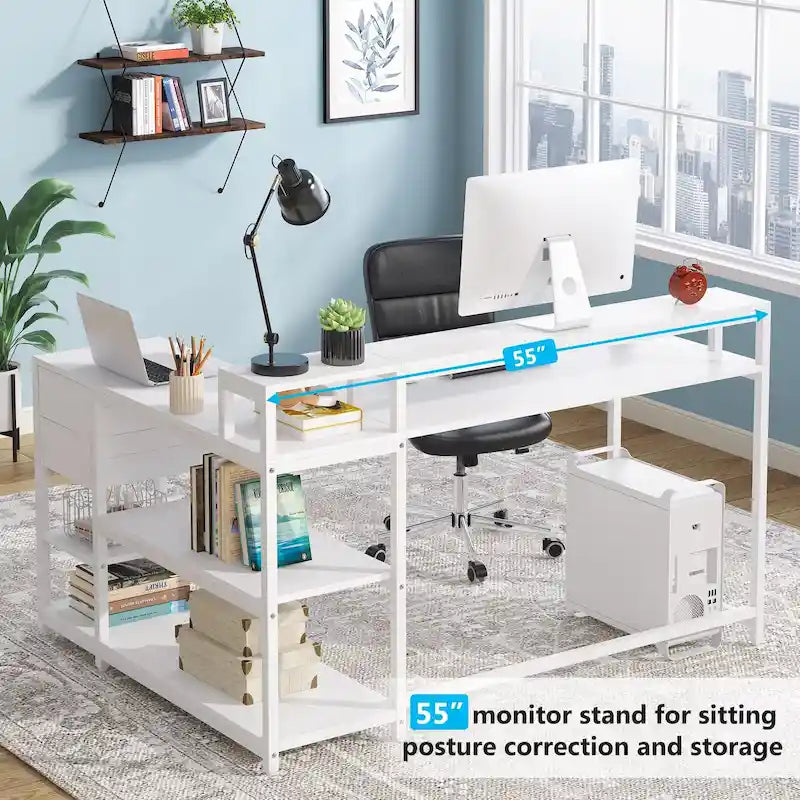 L-Shaped Corner Desk with Drawer, Shelves and Monitor Stand