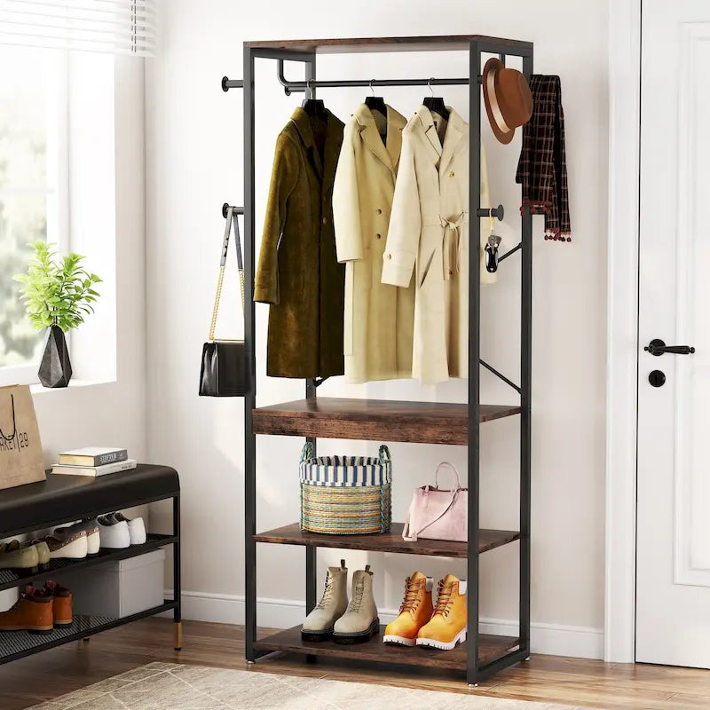 Freestanding Coat Rack with Shelves, Corner Hall Tree with 4 Shelves and 8 Hooks