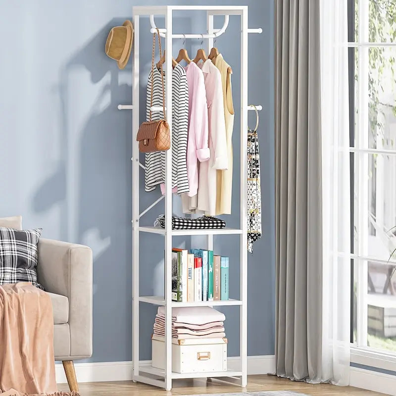 Freestanding Coat Rack with Shelves, Corner Hall Tree with 4 Shelves and 8 Hooks