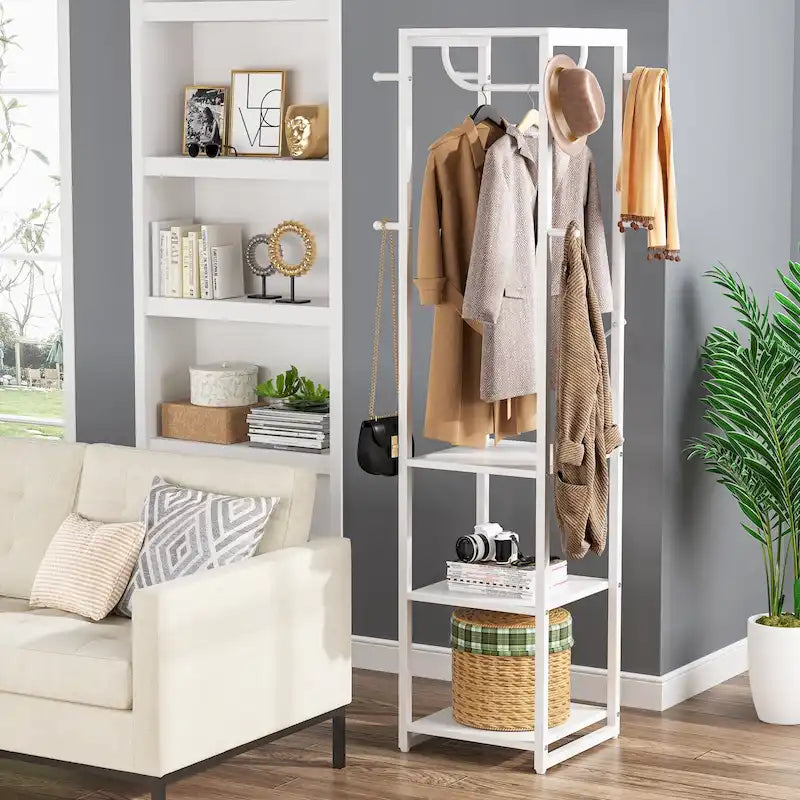 Freestanding Coat Rack with Shelves, Corner Hall Tree with 4 Shelves and 8 Hooks