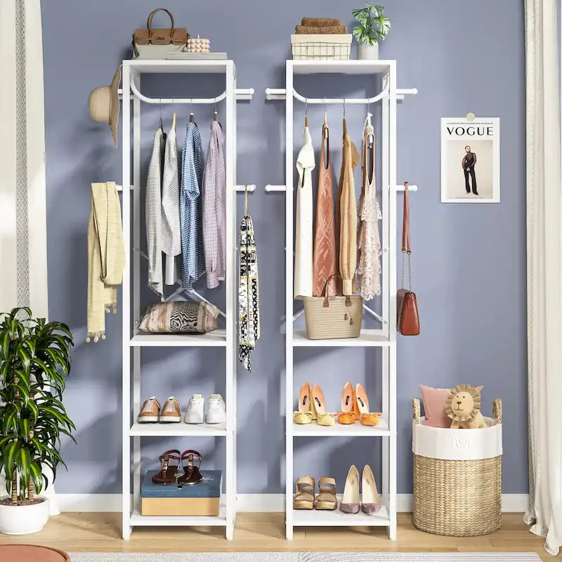 Freestanding Coat Rack with Shelves, Corner Hall Tree with 4 Shelves and 8 Hooks