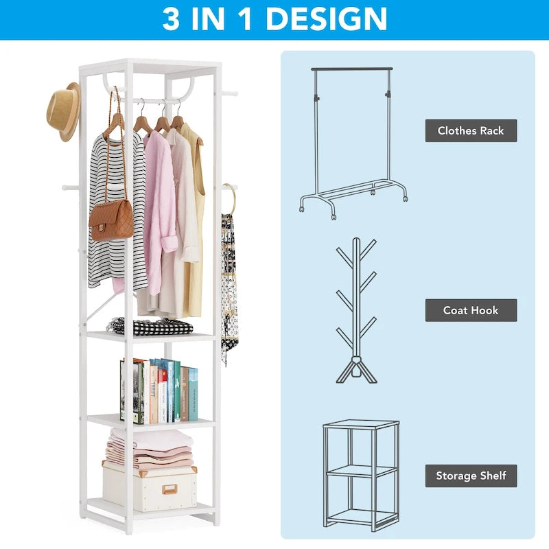 Freestanding Coat Rack with Shelves, Corner Hall Tree with 4 Shelves and 8 Hooks