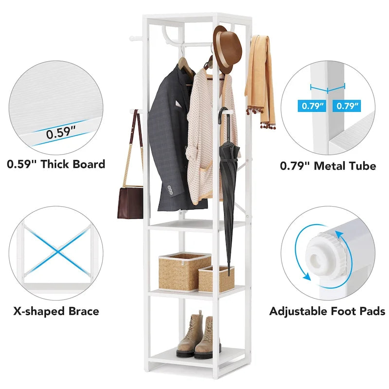 Freestanding Coat Rack with Shelves, Corner Hall Tree with 4 Shelves and 8 Hooks