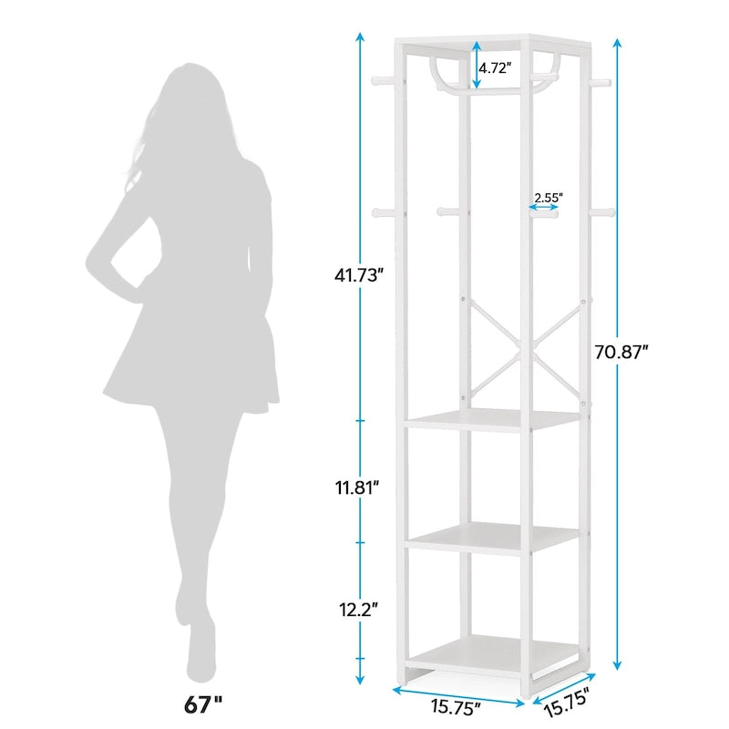 Freestanding Coat Rack with Shelves, Corner Hall Tree with 4 Shelves and 8 Hooks
