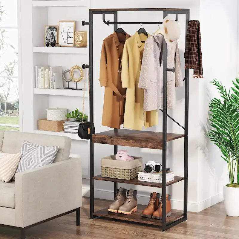 Freestanding Coat Rack with Shelves, Corner Hall Tree with 4 Shelves and 8 Hooks