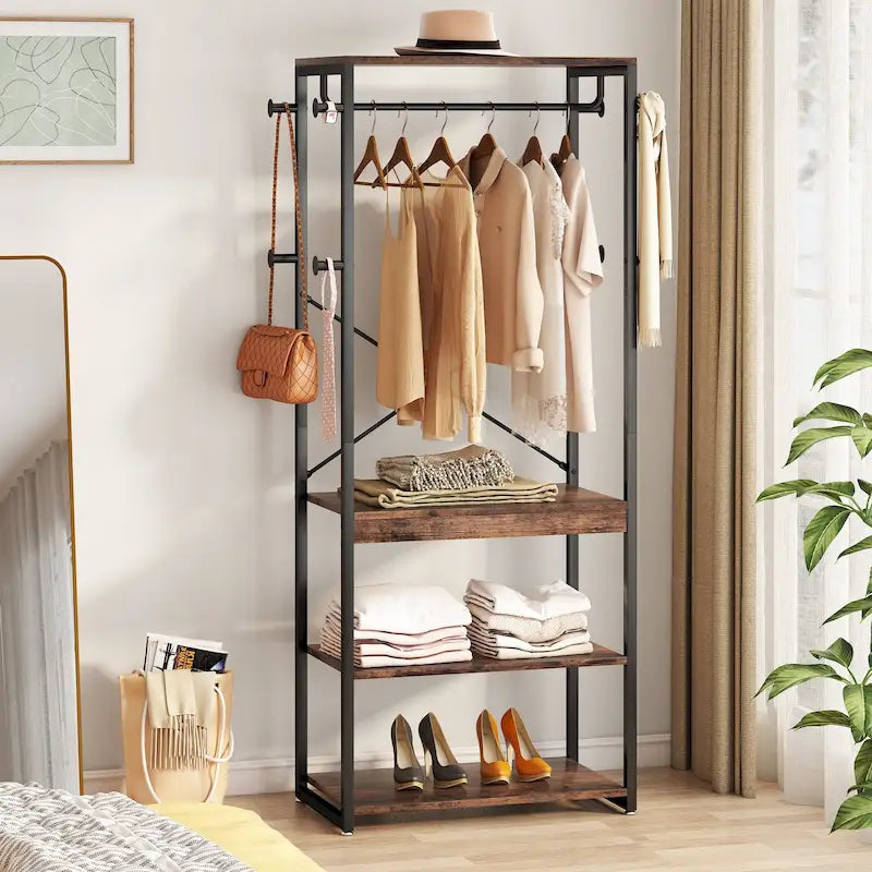Freestanding Coat Rack with Shelves, Corner Hall Tree with 4 Shelves and 8 Hooks