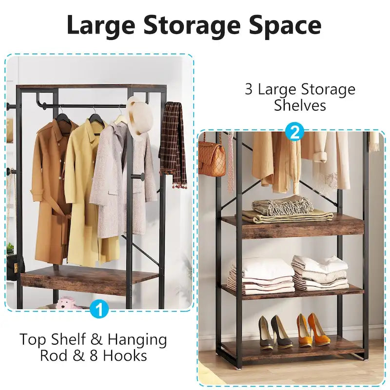 Freestanding Coat Rack with Shelves, Corner Hall Tree with 4 Shelves and 8 Hooks