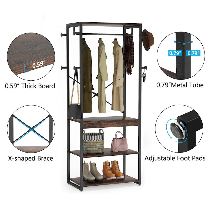 Freestanding Coat Rack with Shelves, Corner Hall Tree with 4 Shelves and 8 Hooks