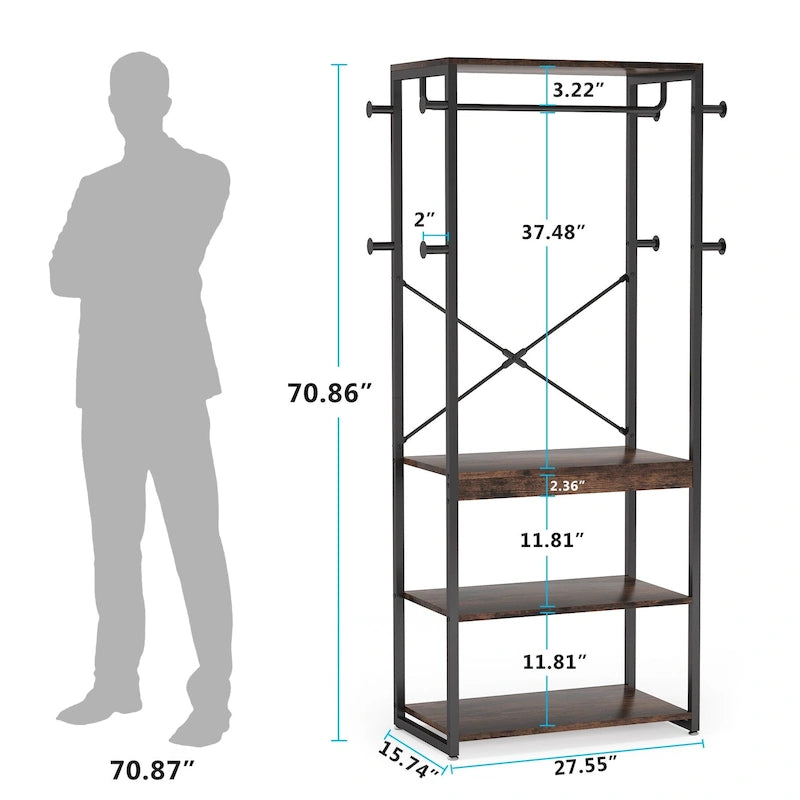 Freestanding Coat Rack with Shelves, Corner Hall Tree with 4 Shelves and 8 Hooks