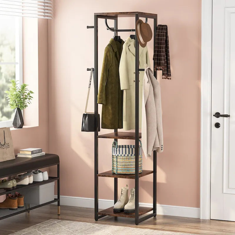 Freestanding Coat Rack with Shelves, Corner Hall Tree with 4 Shelves and 8 Hooks