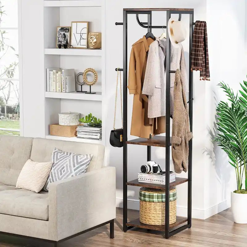 Freestanding Coat Rack with Shelves, Corner Hall Tree with 4 Shelves and 8 Hooks