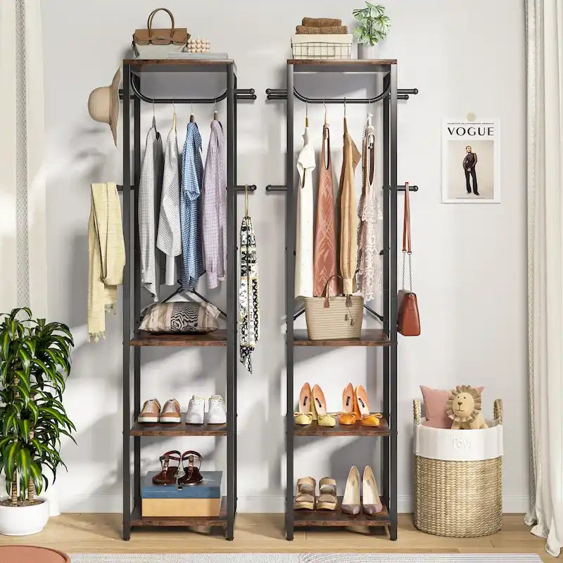 Freestanding Coat Rack with Shelves, Corner Hall Tree with 4 Shelves and 8 Hooks