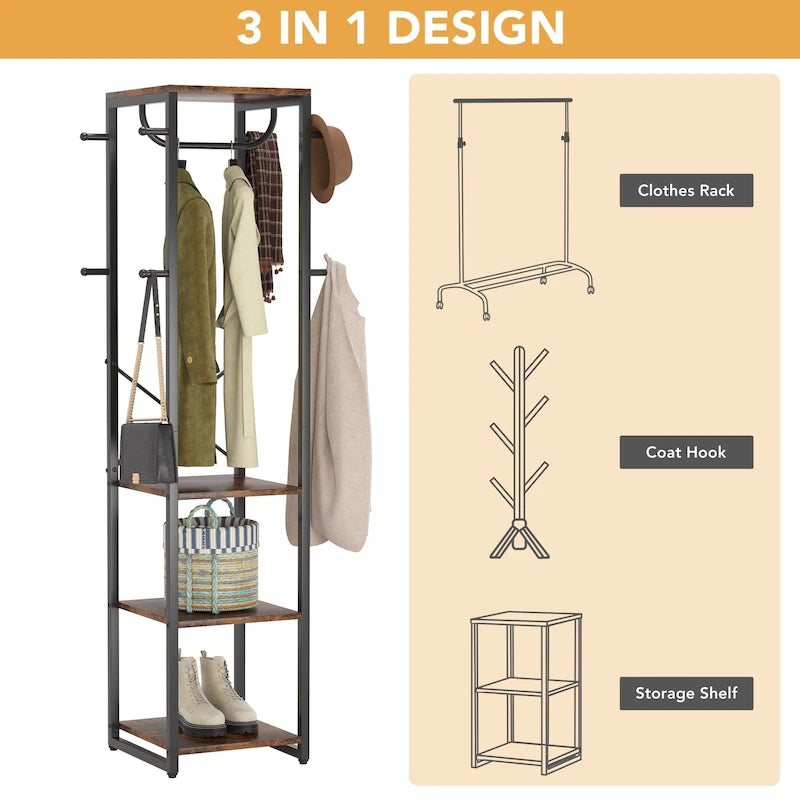 Freestanding Coat Rack with Shelves, Corner Hall Tree with 4 Shelves and 8 Hooks