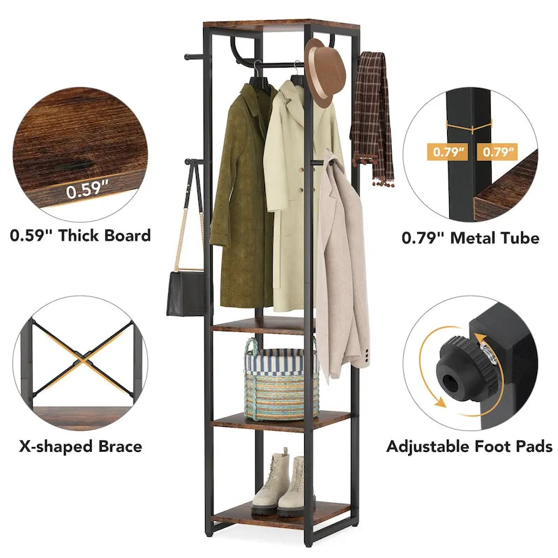 Freestanding Coat Rack with Shelves, Corner Hall Tree with 4 Shelves and 8 Hooks