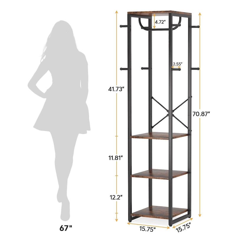 Freestanding Coat Rack with Shelves, Corner Hall Tree with 4 Shelves and 8 Hooks