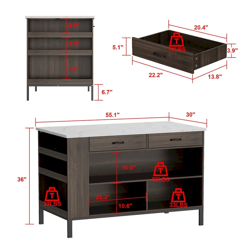 Kitchen Island with Storage and Large Workspace