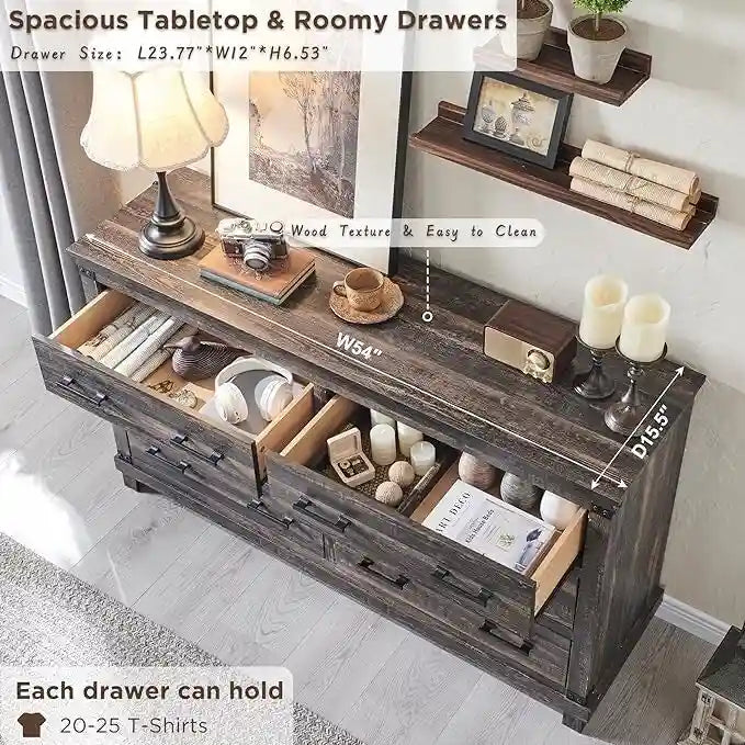 Farmhouse 6 Drawers Dresser, Wood Chest of Drawers, Closet Dresser