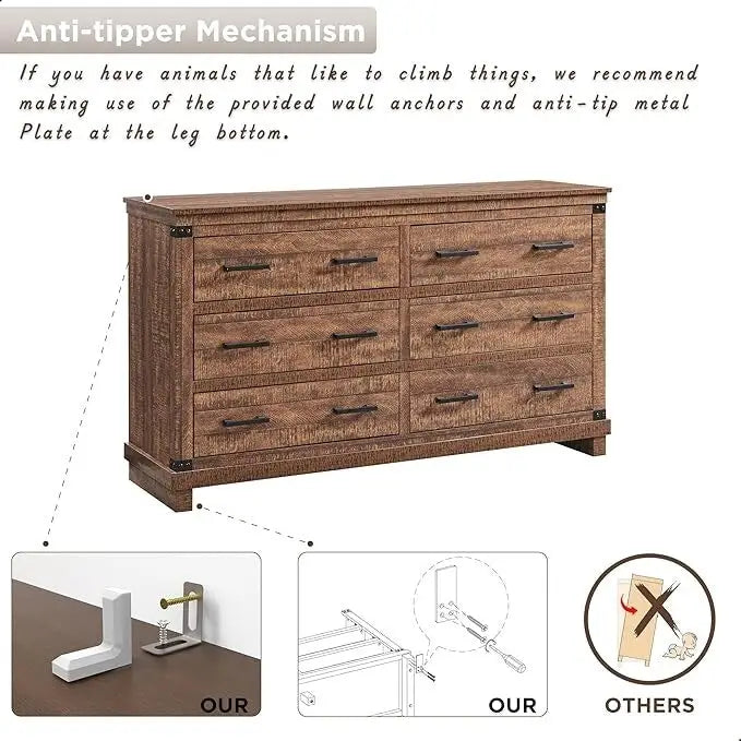Farmhouse 6 Drawers Dresser, Wood Chest of Drawers, Closet Dresser