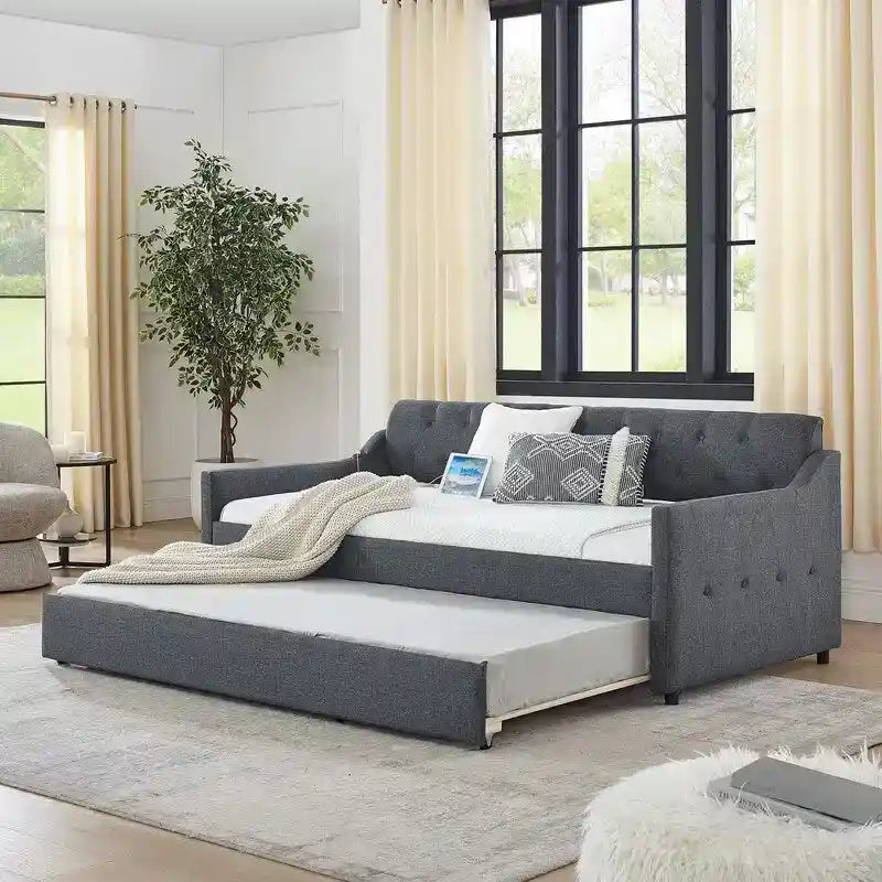 Twin Size Linen Upholstery Daybed with Twin Size Trundle and USB Charging