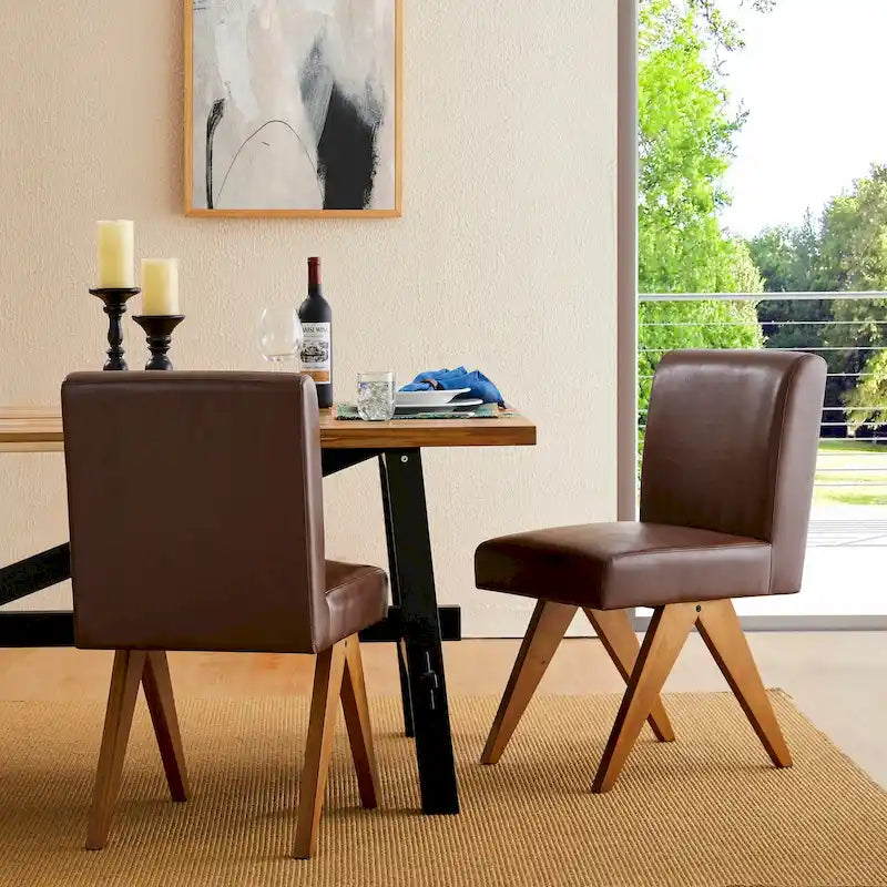 Set of 4 Faux Leather Upholstered Side Dining Chairs with V-shaped Wood Legs