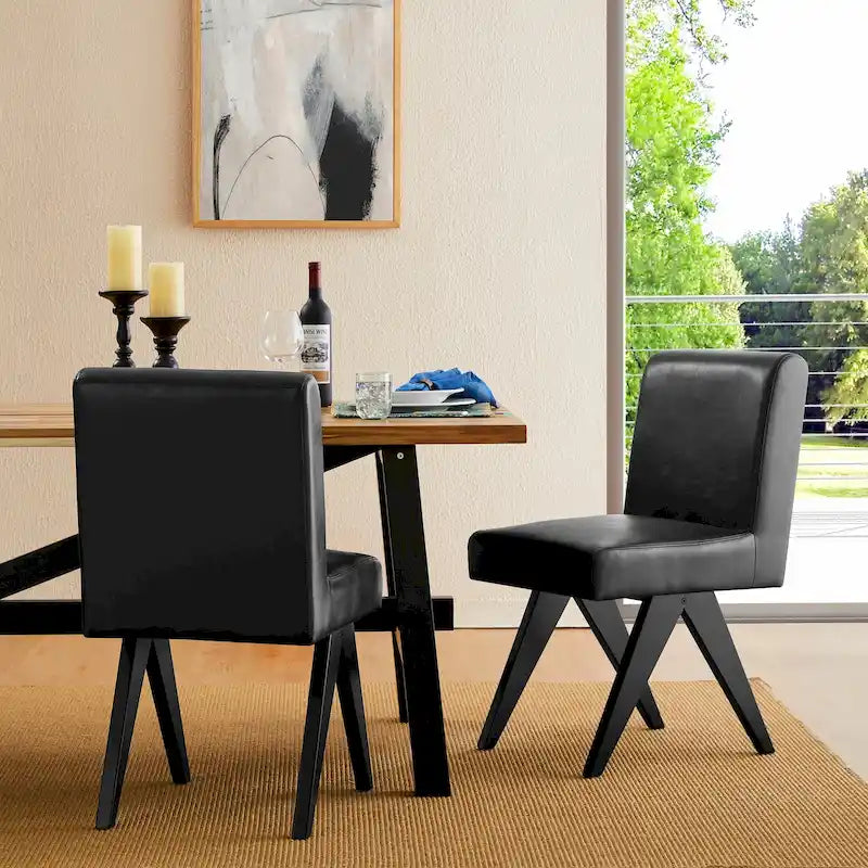 Set of 4 Faux Leather Upholstered Side Dining Chairs with V-shaped Wood Legs