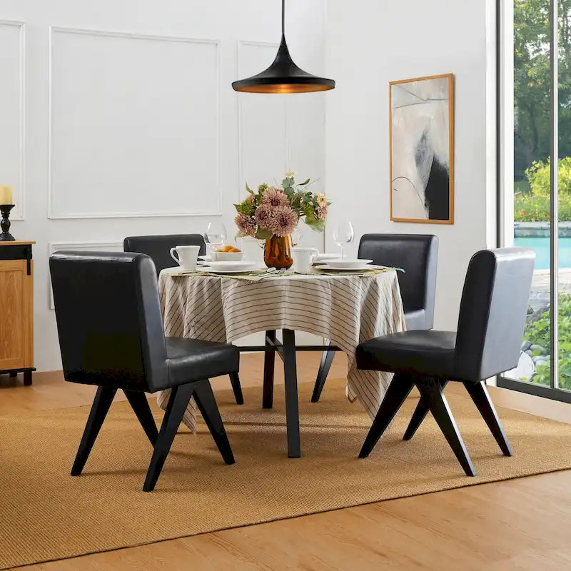 Set of 4 Faux Leather Upholstered Side Dining Chairs with V-shaped Wood Legs