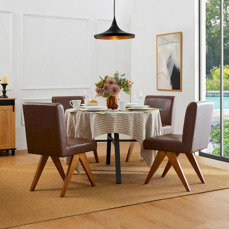 Set of 4 Faux Leather Upholstered Side Dining Chairs with V-shaped Wood Legs